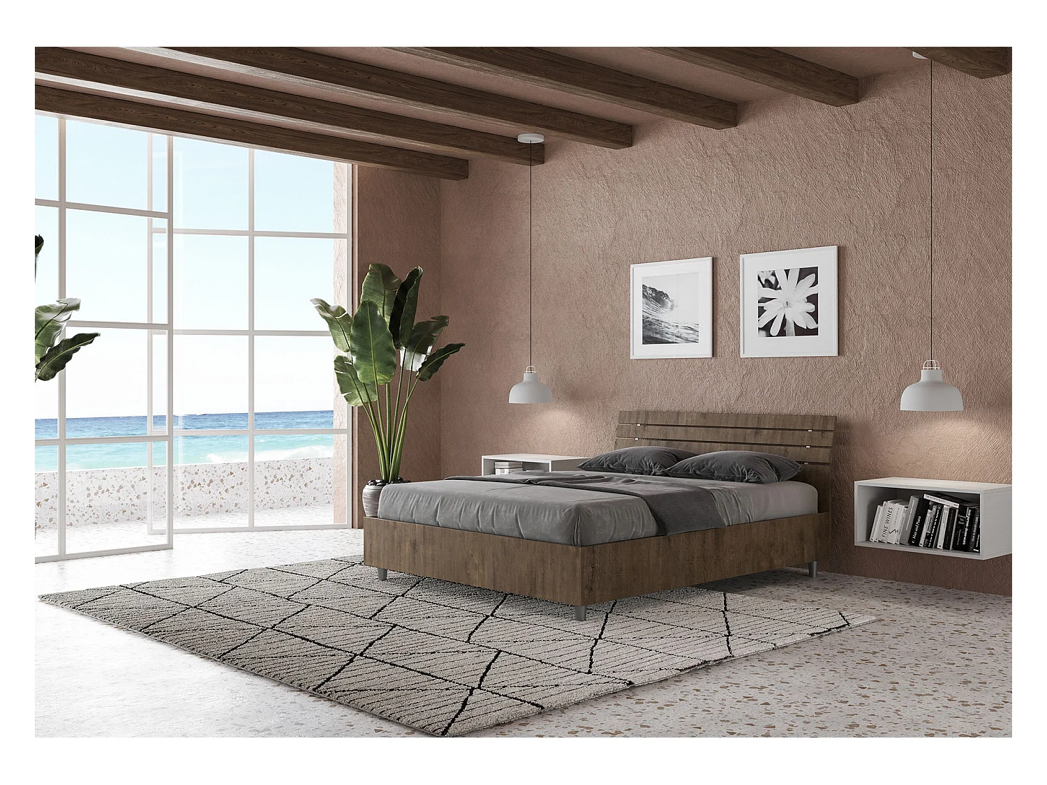 Łóżko wyposażone w stelaż z listwami 140x190 Nachylony zagłówek z listwami orzech Ankel