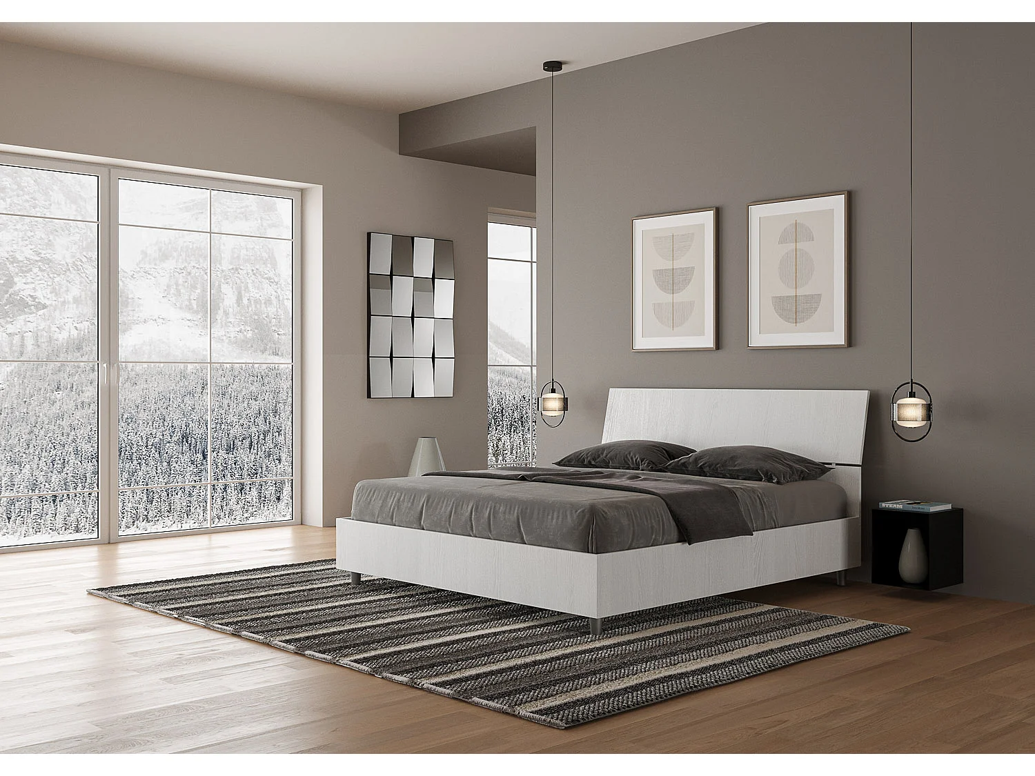 Cama Demas de fresno blanco con cabecero inclinado 160x190