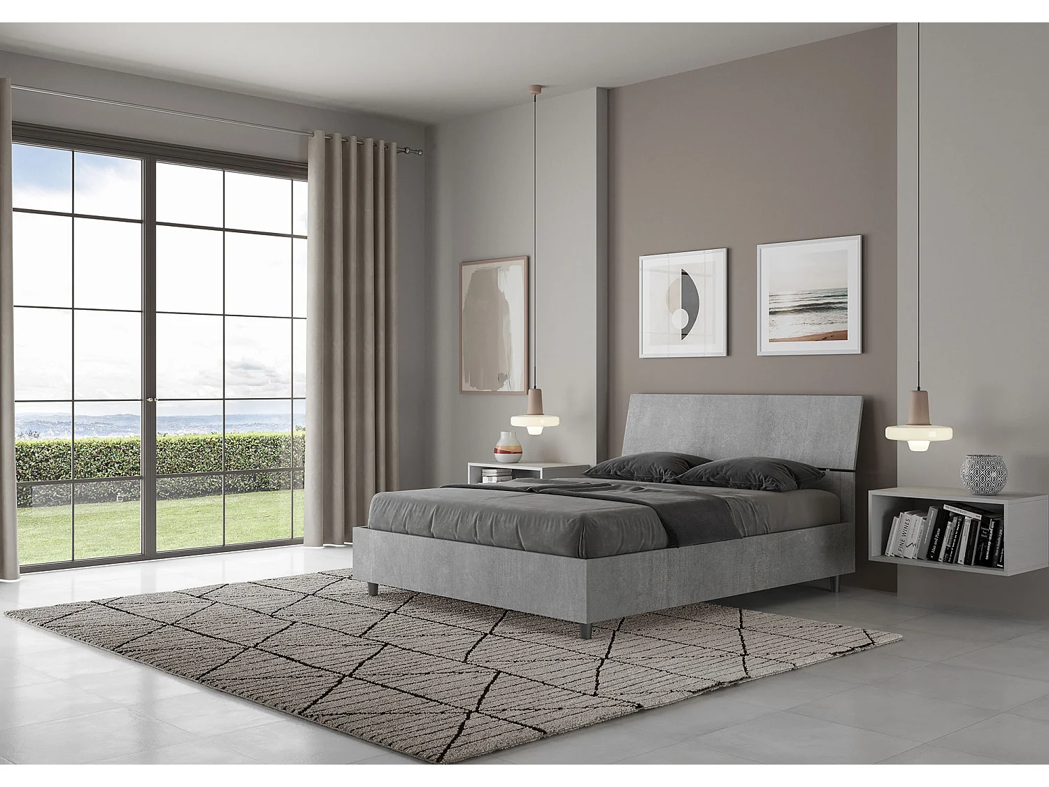 Lit coffre 140x190 tête de lit inclinée gris béton Demas