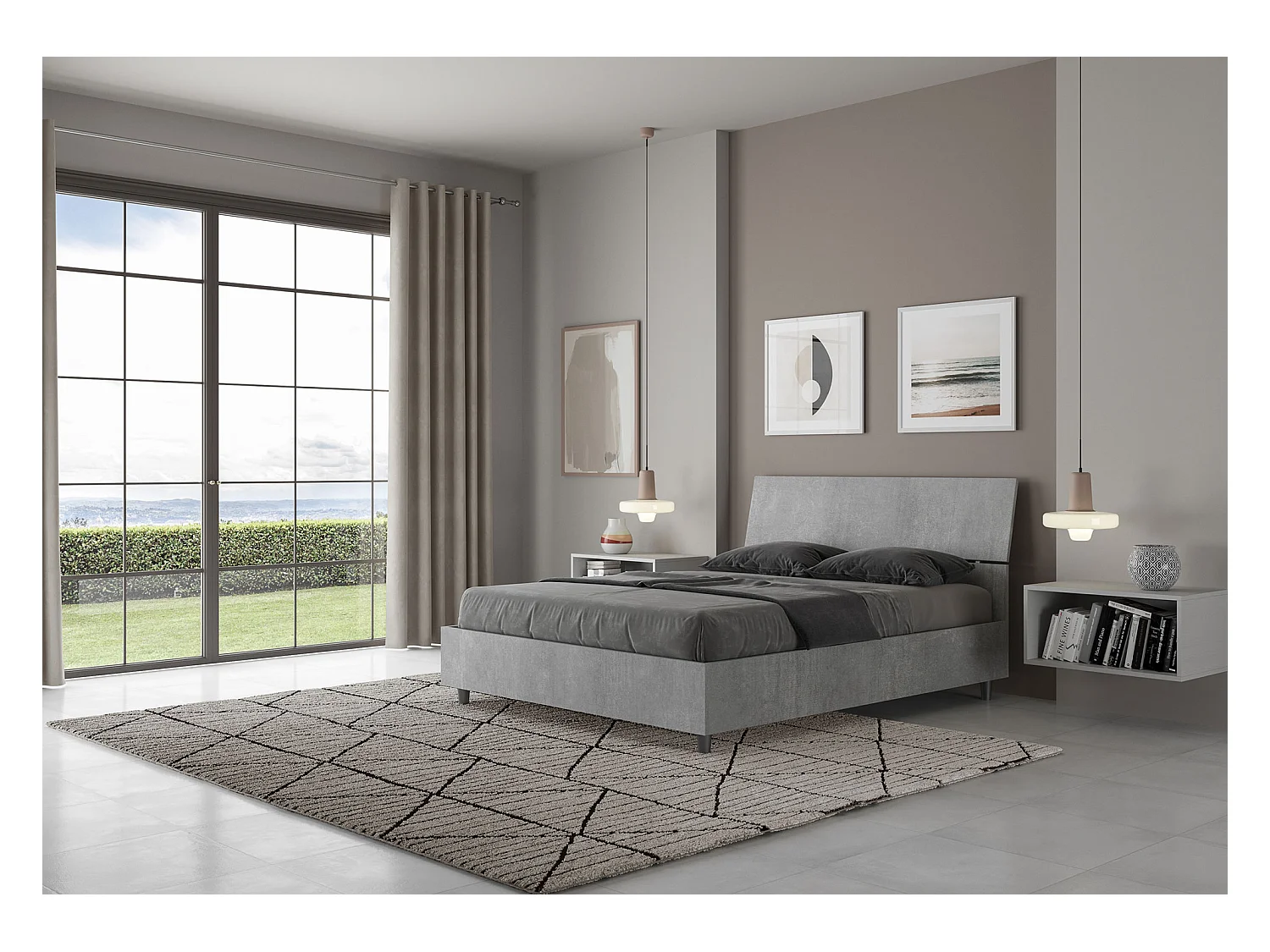 Lit coffre 140x190 tête de lit inclinée gris béton Demas