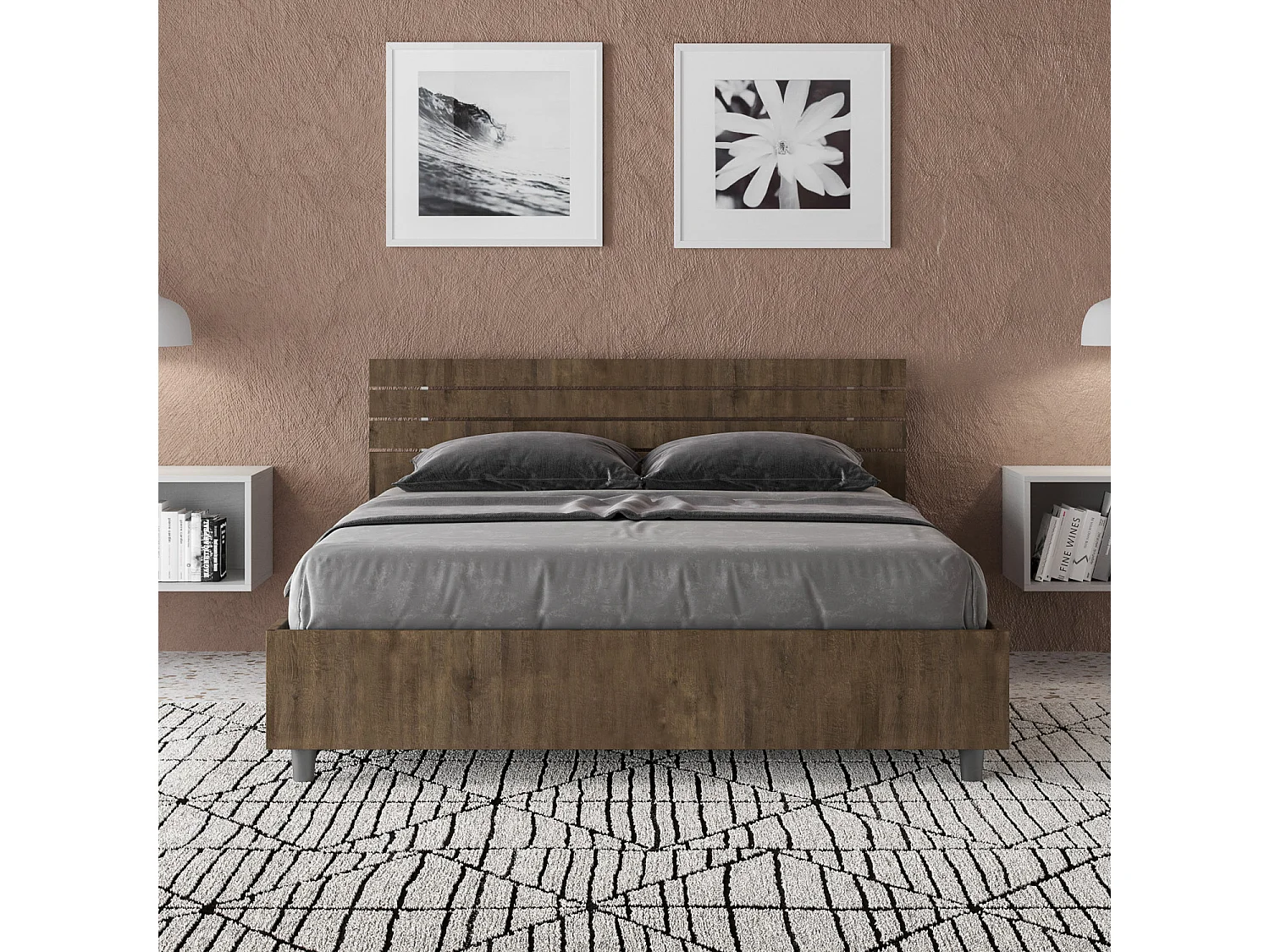 Cama contenedor 140x190 cabecero recto lamas Ankel nogal