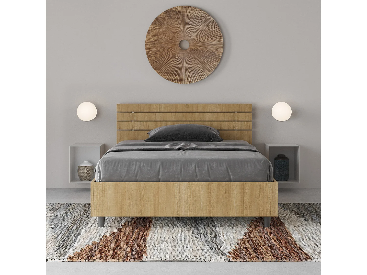 Cama de corpo e meio com arrumação 120x190 cabeceira inclinada com ripas carvalho natural Ankel