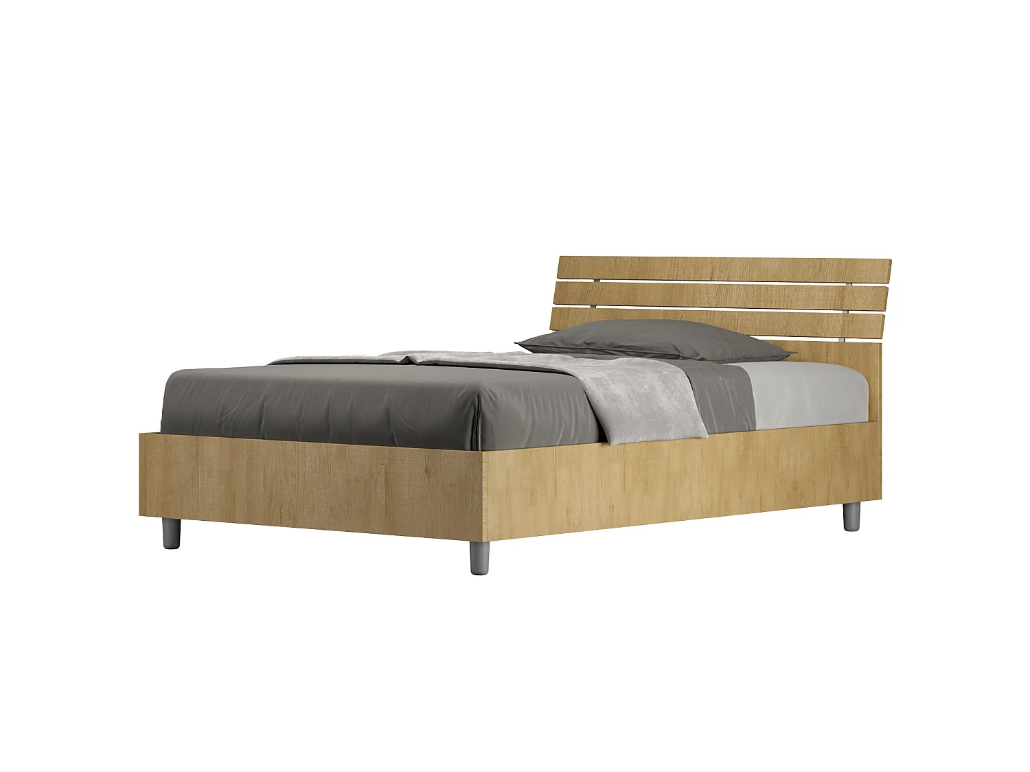 Lit 1 place et demi coffre 120x190 tête de lit inclinée avec des lames chêne nature Ankel