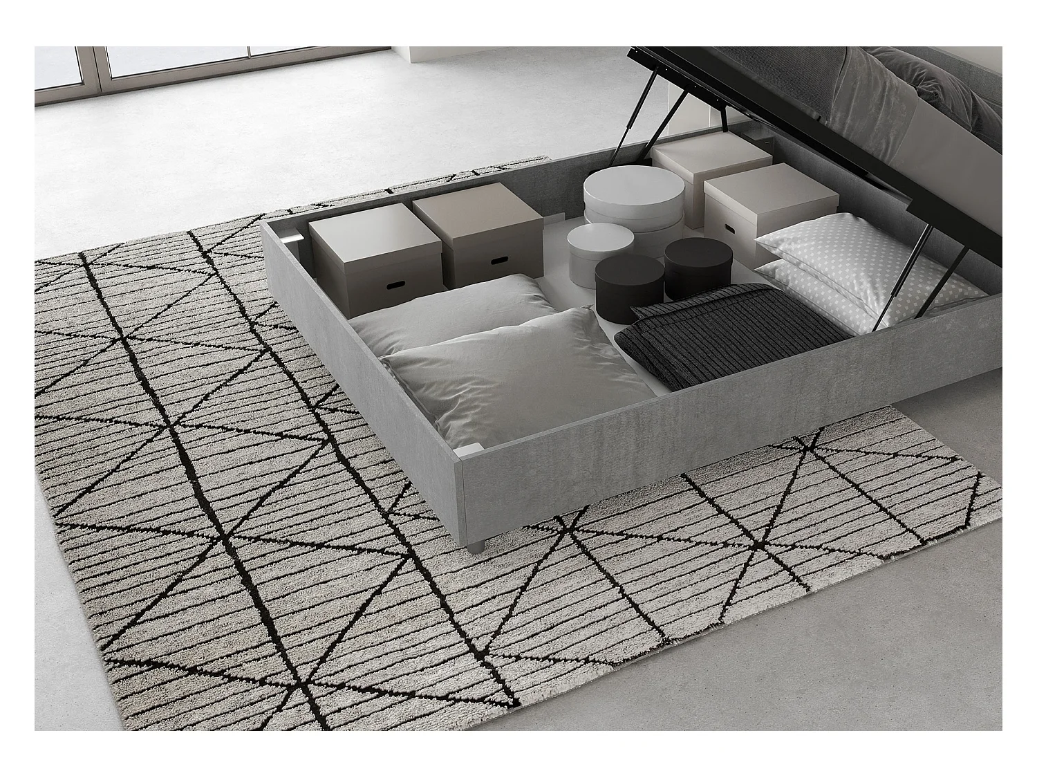 Lit coffre 140x190 tête de lit droite gris béton Demas