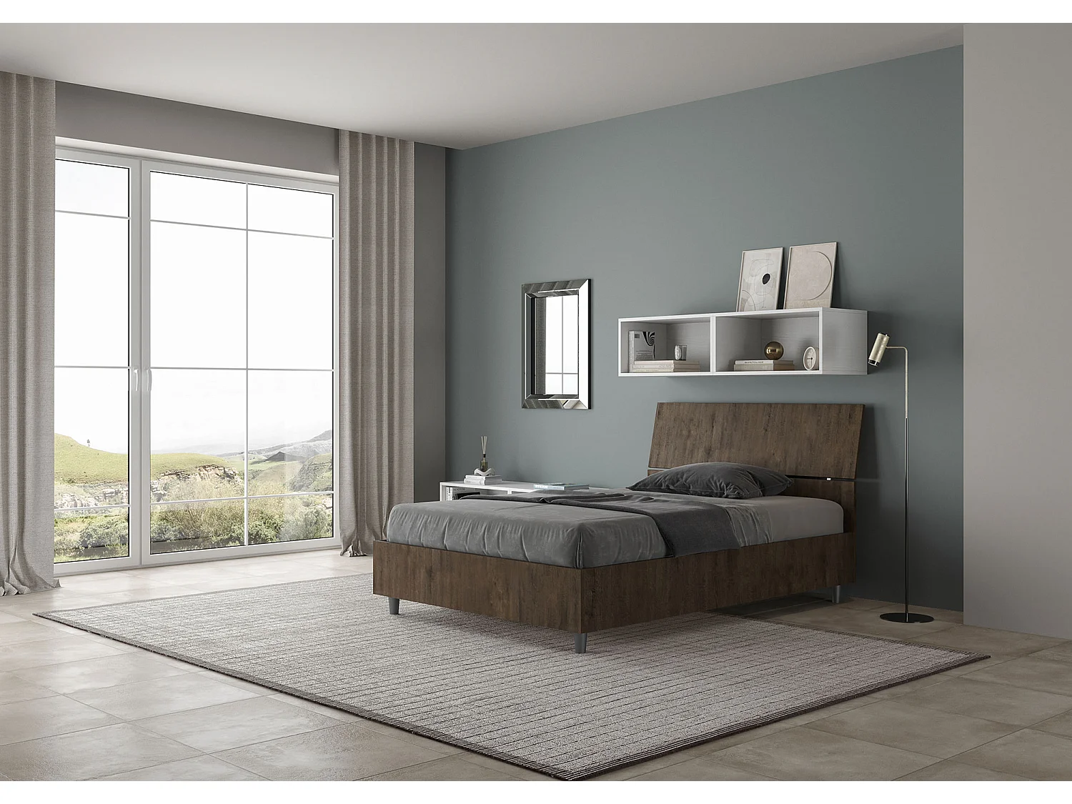 Lit 1 place et demi coffre 120x190 tête de lit inclinée noyer Demas