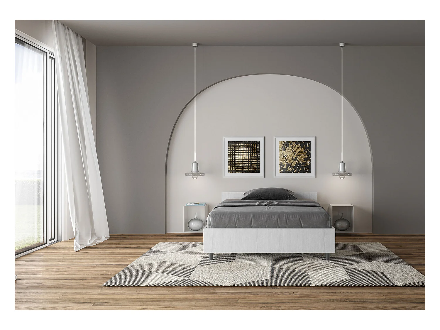 Cama contenedor tamaño queen Nuamo 120x190 en fresno blanco