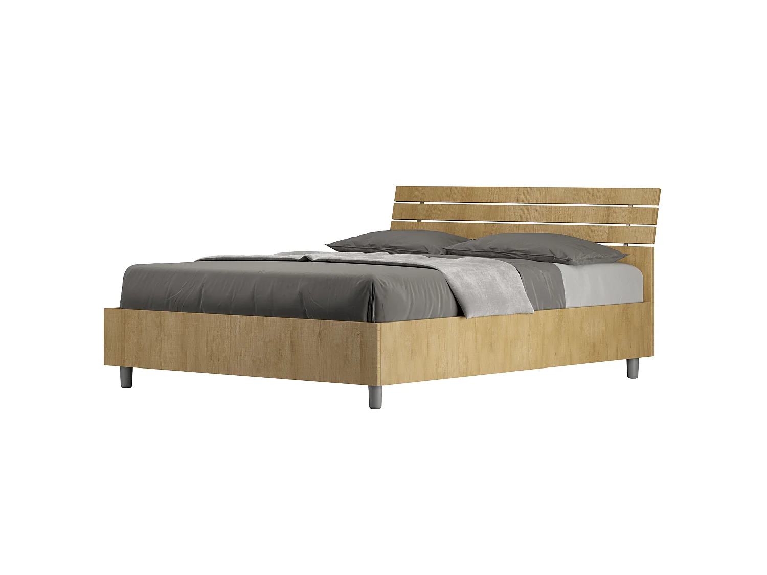 Lit double coffre 140x190 tête de lit inclinée avec des lames chêne nature Ankel