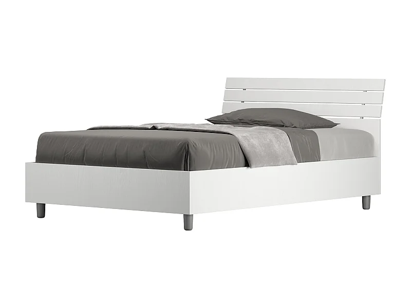 Lit 1 place et demi coffre 120x190 tête de lit inclinée avec des lames frêne blanc Ankel