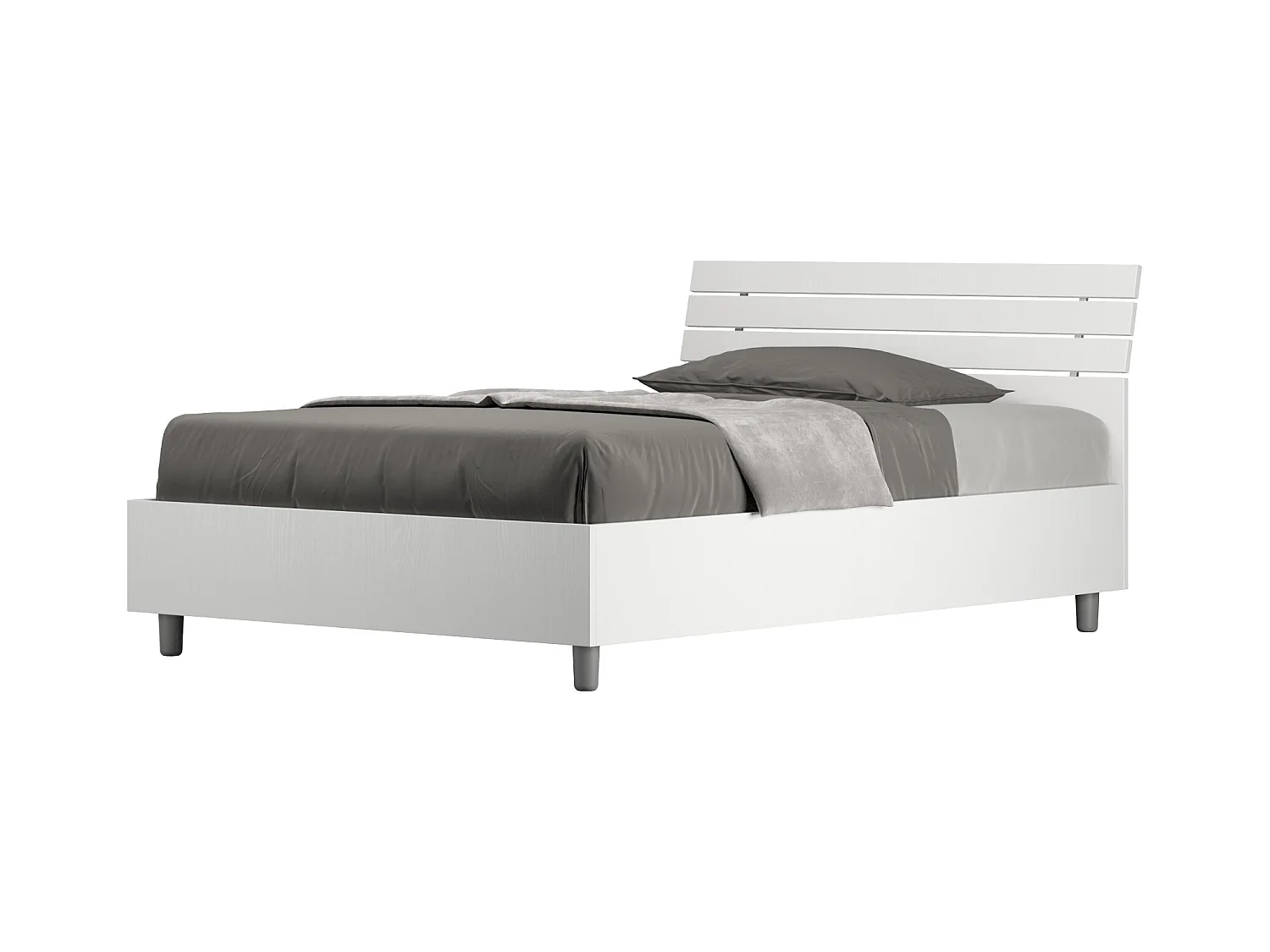 Lit 1 place et demi coffre 120x190 tête de lit inclinée avec des lames frêne blanc Ankel