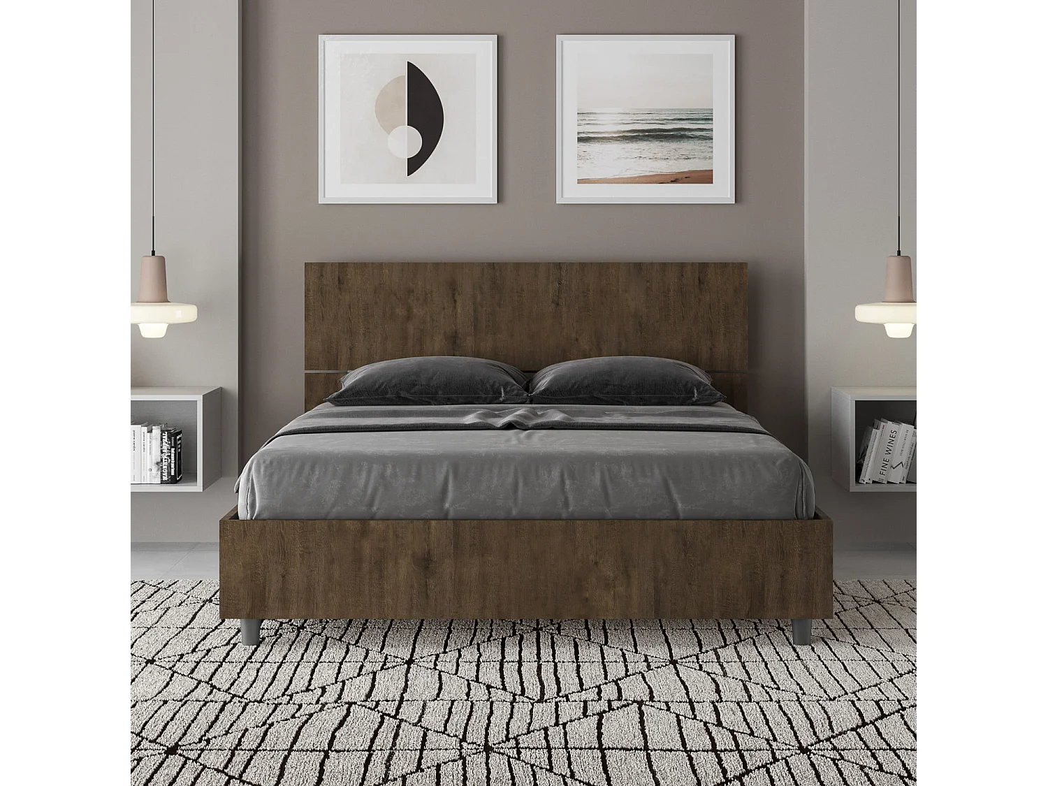 Bed 140x190 met opbergruimte schuin bedhoofd walnoot Demas