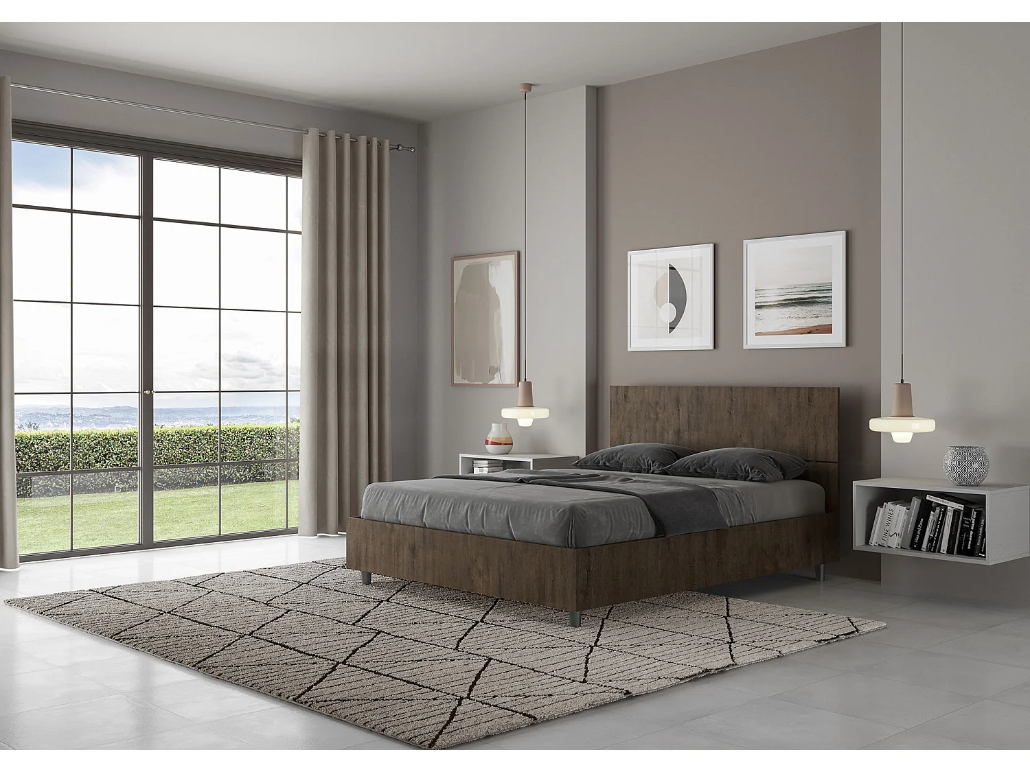 Letto contenitore 140x190 testata dritta noce Demas