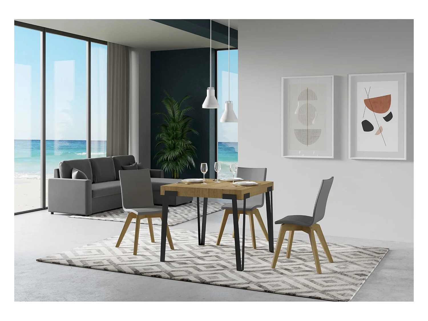 Table extensible 90x90/246 cm Rio Chêne Nature cadre Anthracite