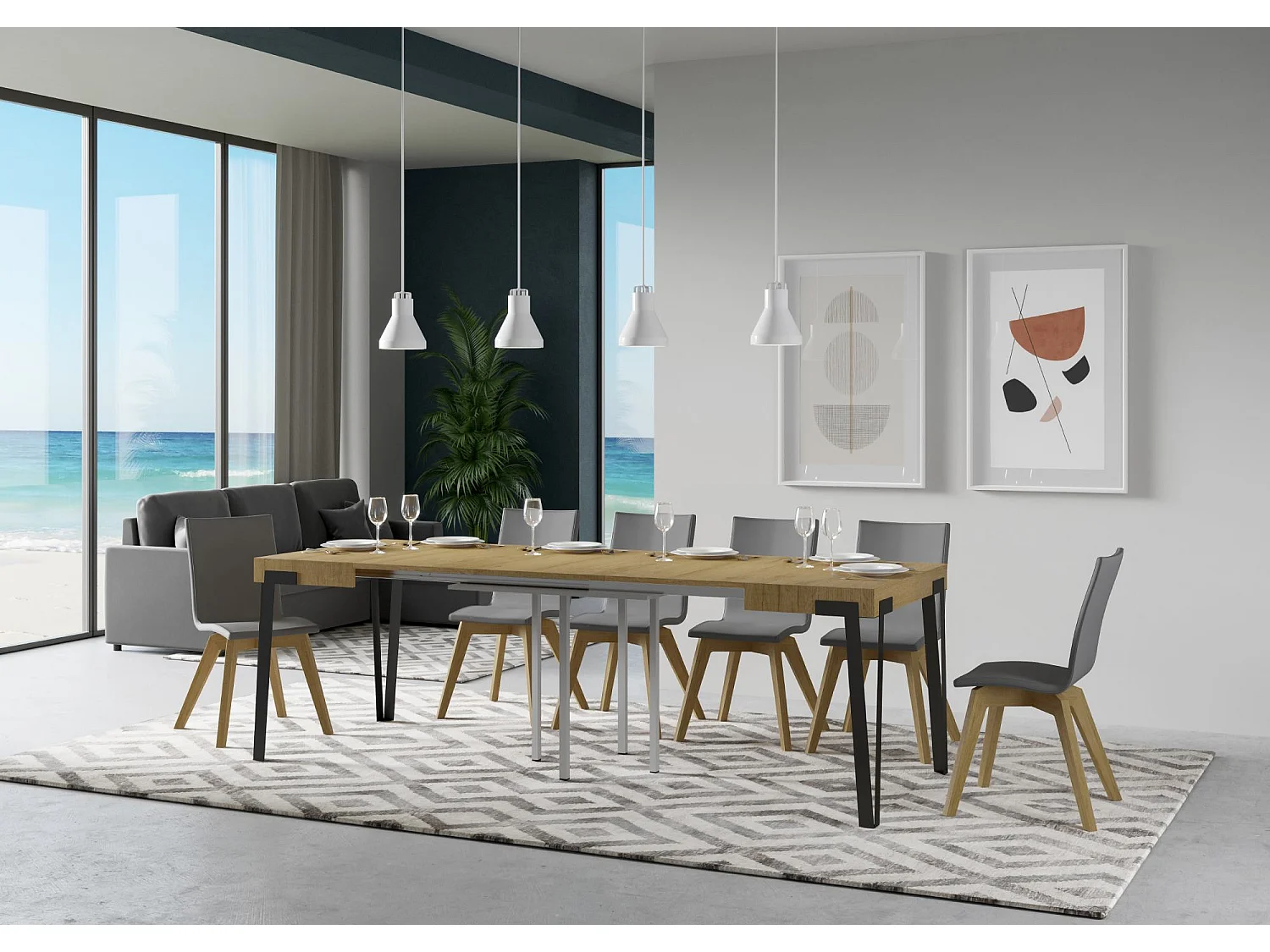 Table extensible 90x90/246 cm Rio Chêne Nature cadre Anthracite