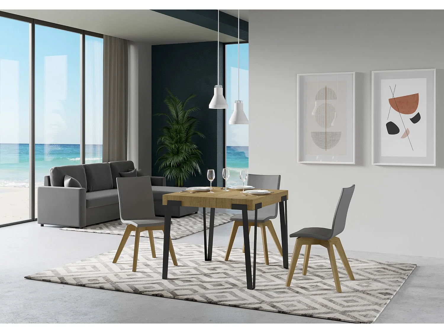 Table extensible 90x90/246 cm Rio Chêne Nature cadre Anthracite