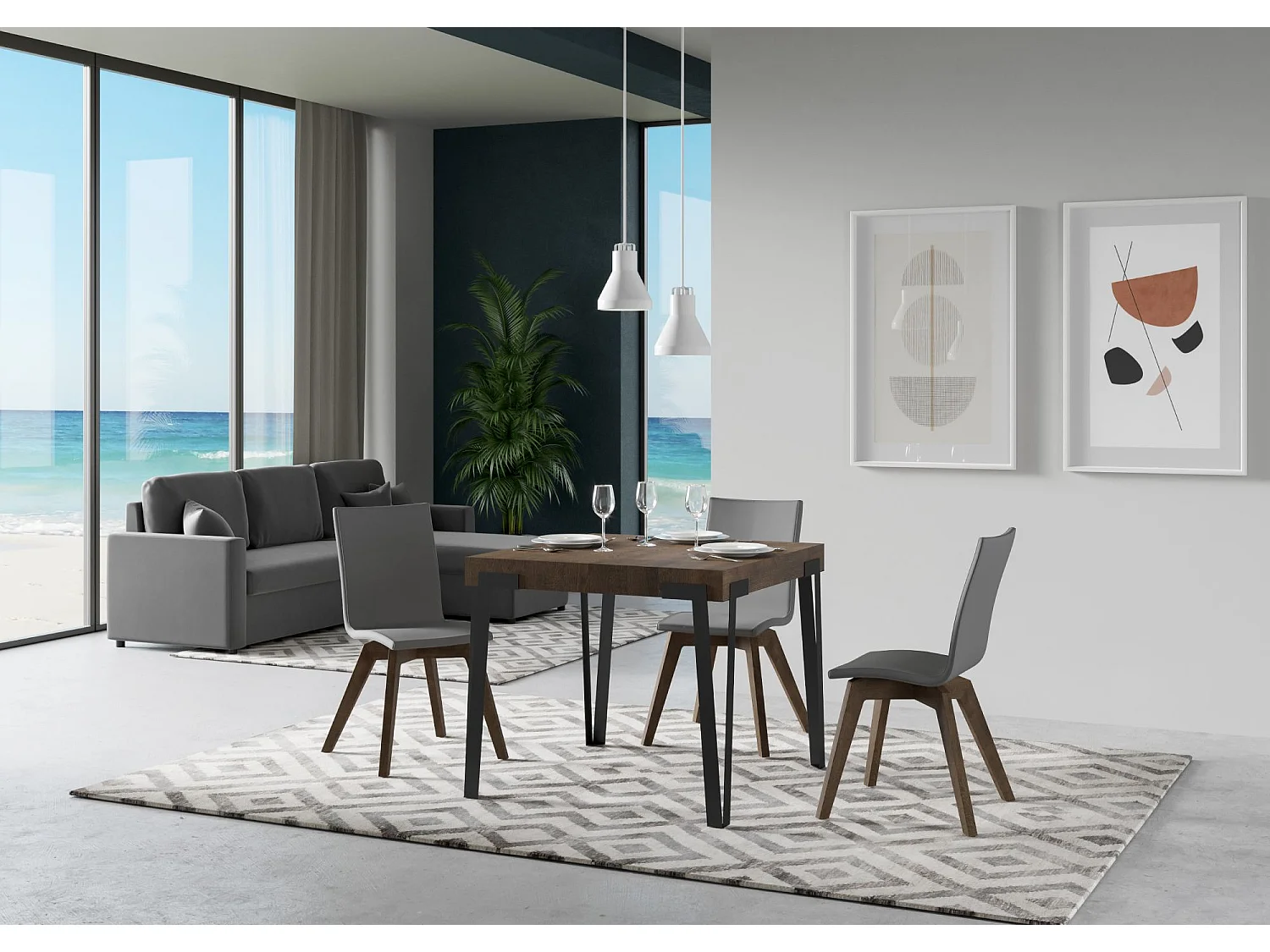 Table extensible 90x90/246 cm Rio Noyer cadre Anthracite