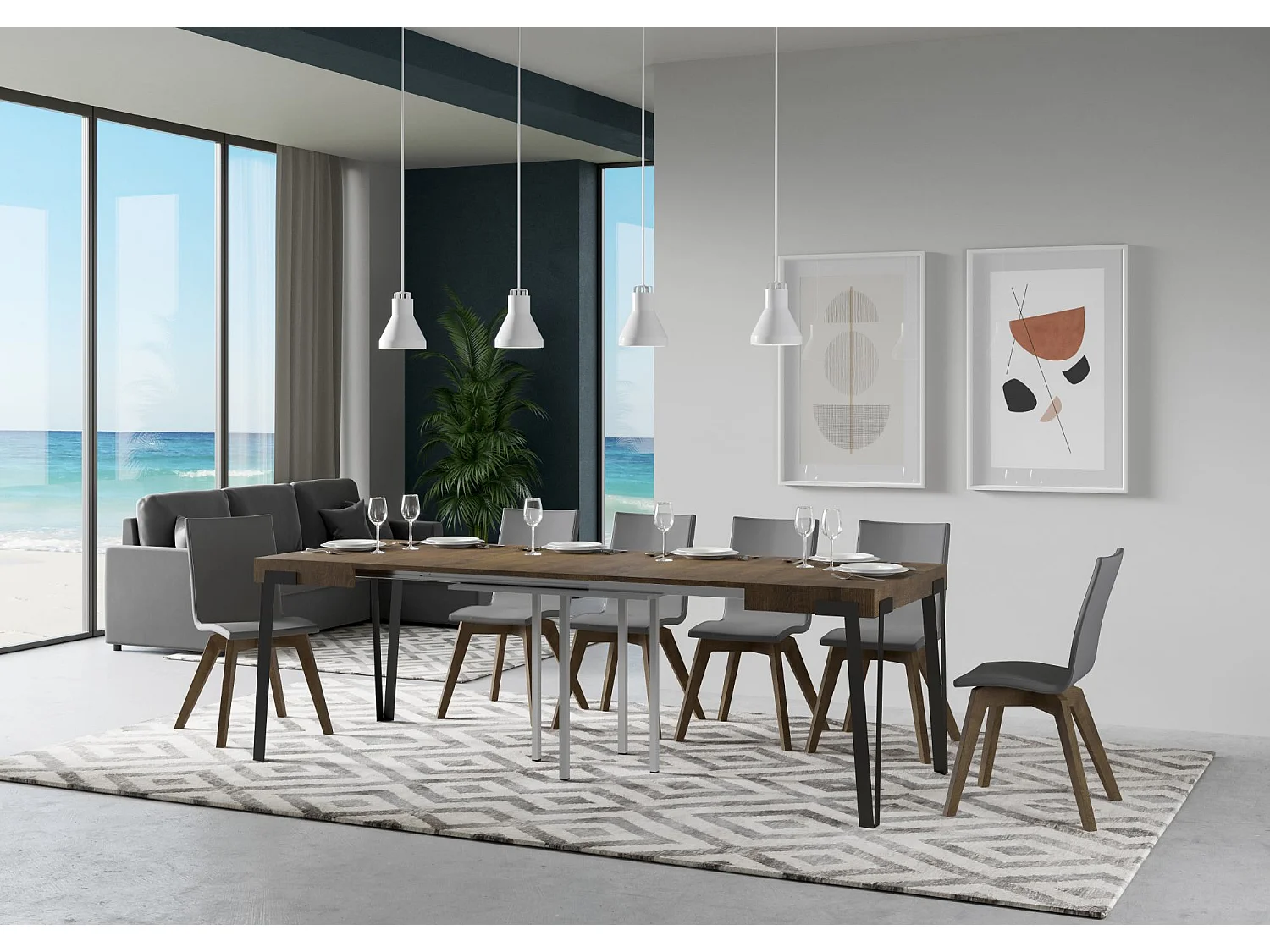 Table extensible 90x90/246 cm Rio Noyer cadre Anthracite
