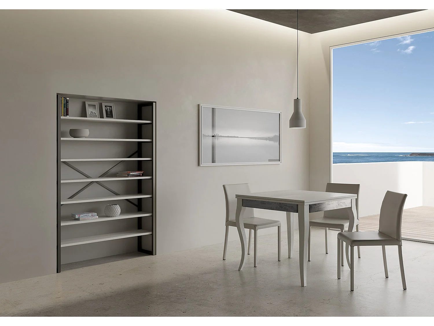 Table extensible portefeuille 90x90/180 cm Olanda Librox Frêne Blanc cadre gris