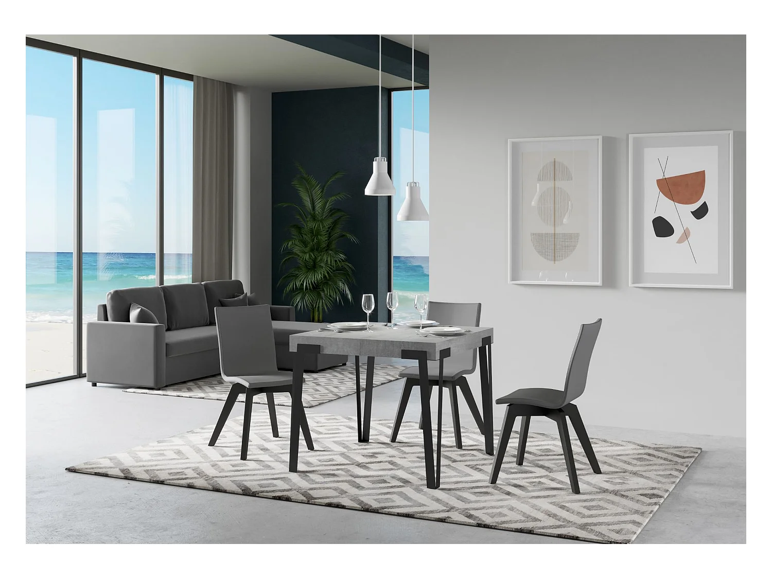 Table extensible 90x90/246 cm Rio Gris Béton cadre Anthracite