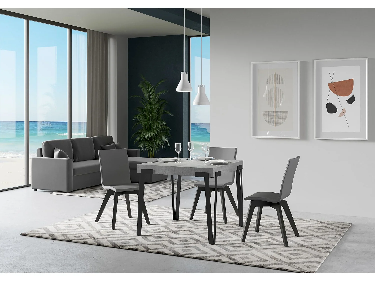 Table extensible 90x90/246 cm Rio Gris Béton cadre Anthracite