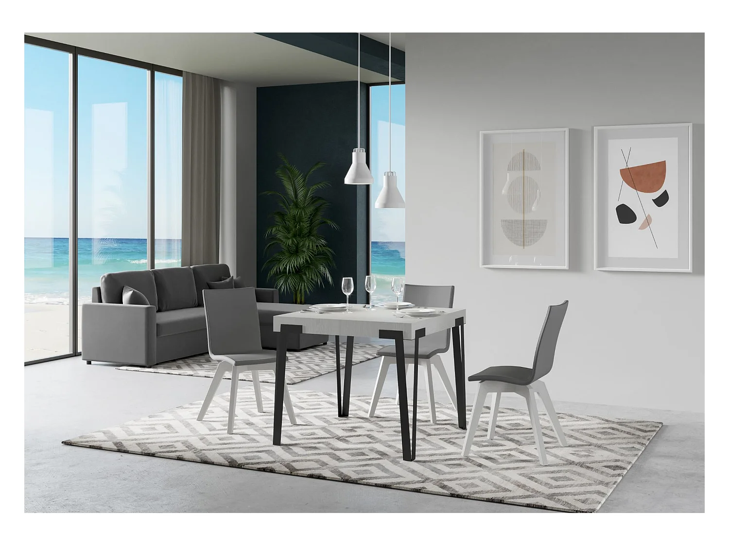 Table extensible 90x90/246 cm Rio Frêne Blanc cadre Anthracite