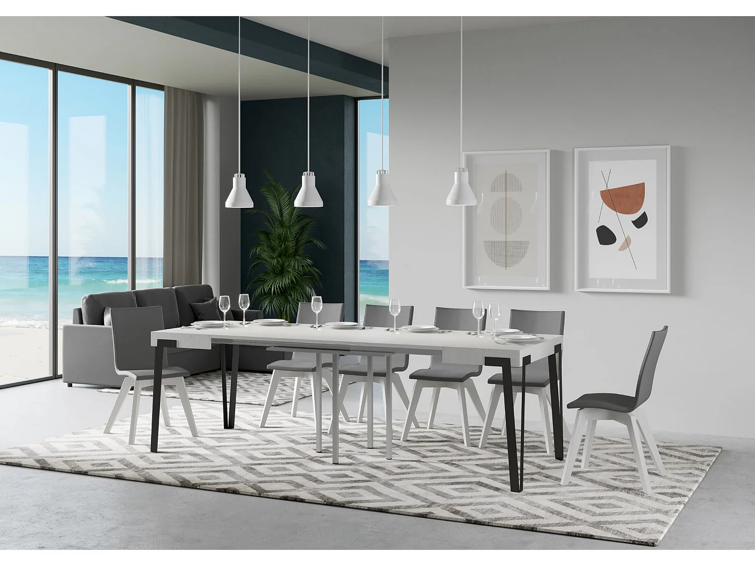 Table extensible 90x90/246 cm Rio Frêne Blanc cadre Anthracite