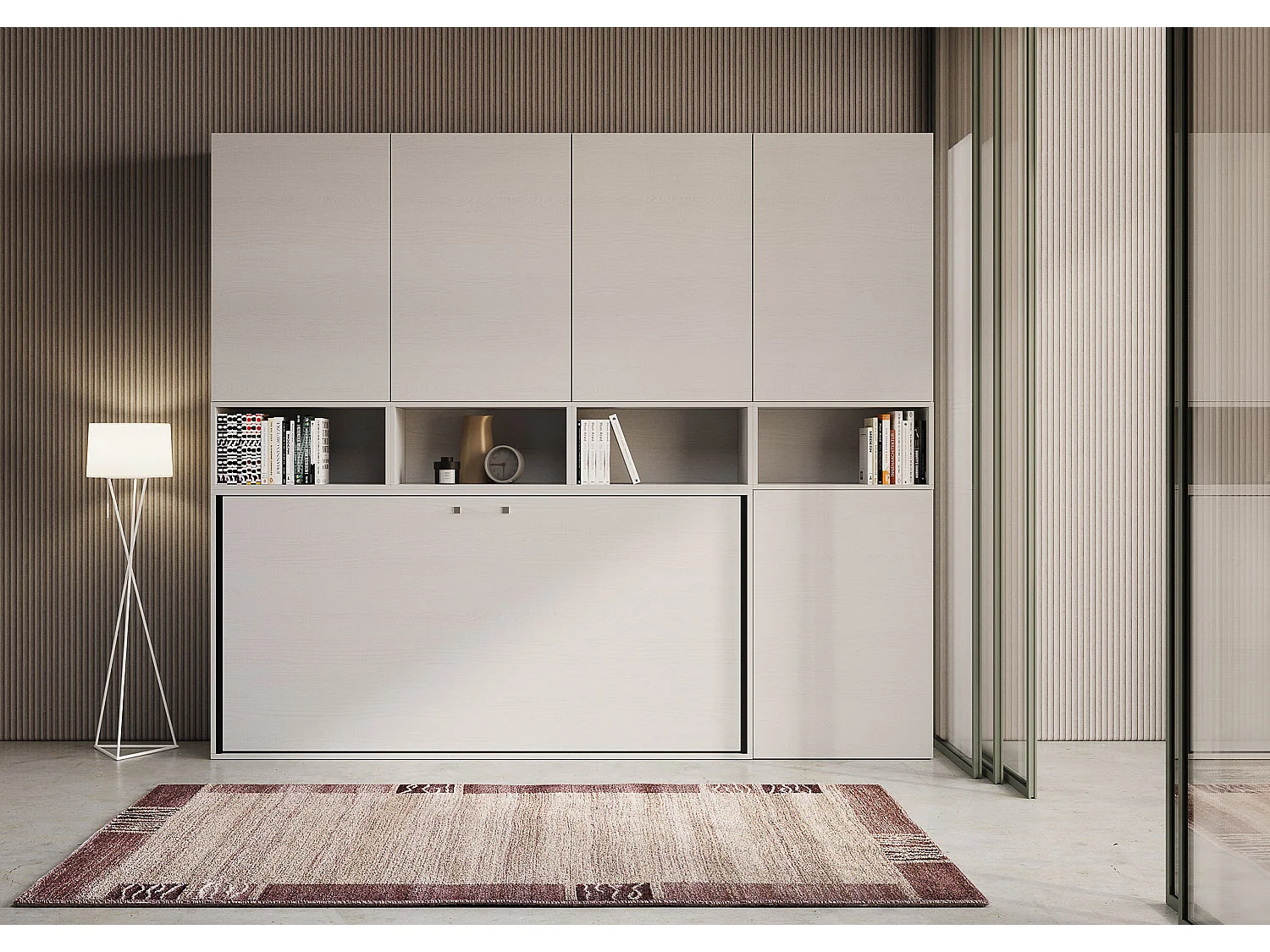 Armoire lit escamotable horizontal 1 couchage 85 Kando avec matelas comp.C Frêne Blanc