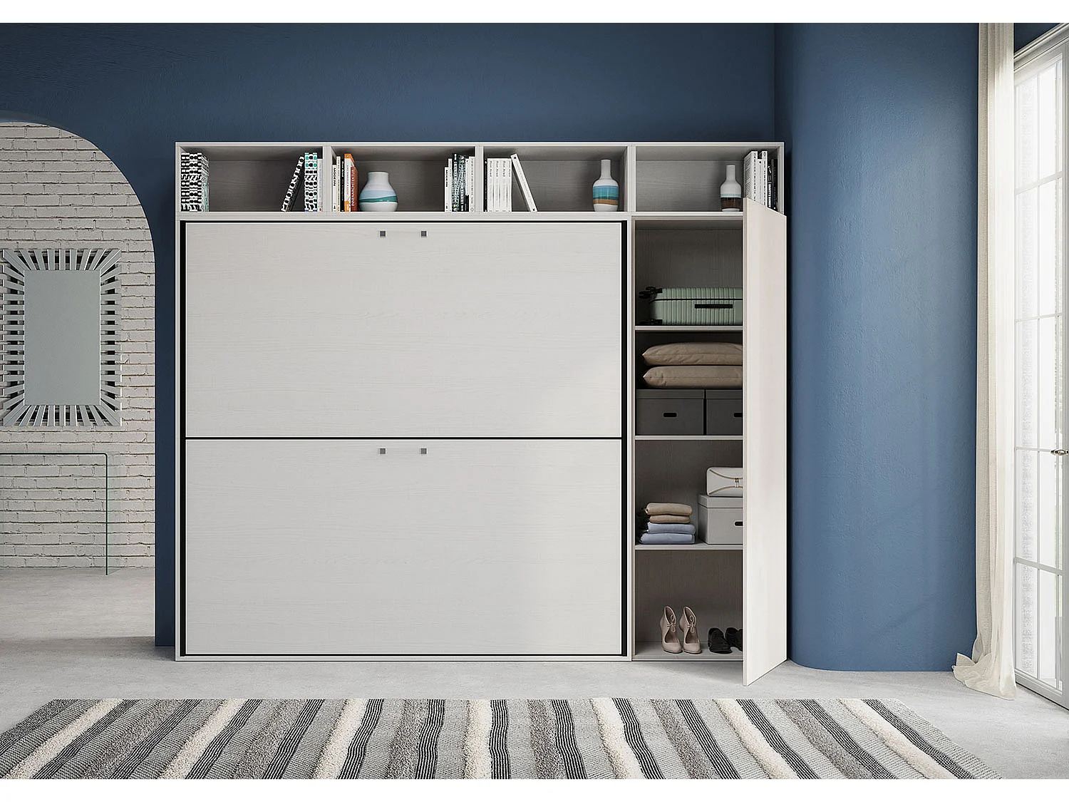Armoire lit escamotable horizontal superposé 2 couchages 85 Kando comp.I Frêne Blanc