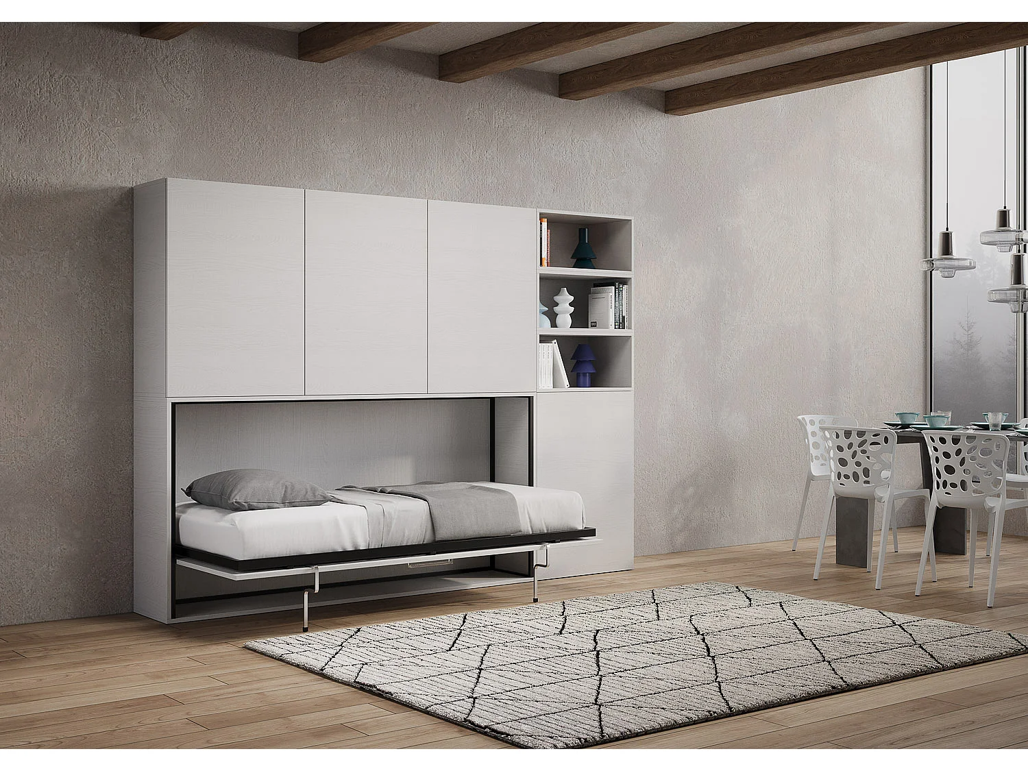 Horizontaal Kando eenpersoons opklapbed met matras samenstelling F eiken wit