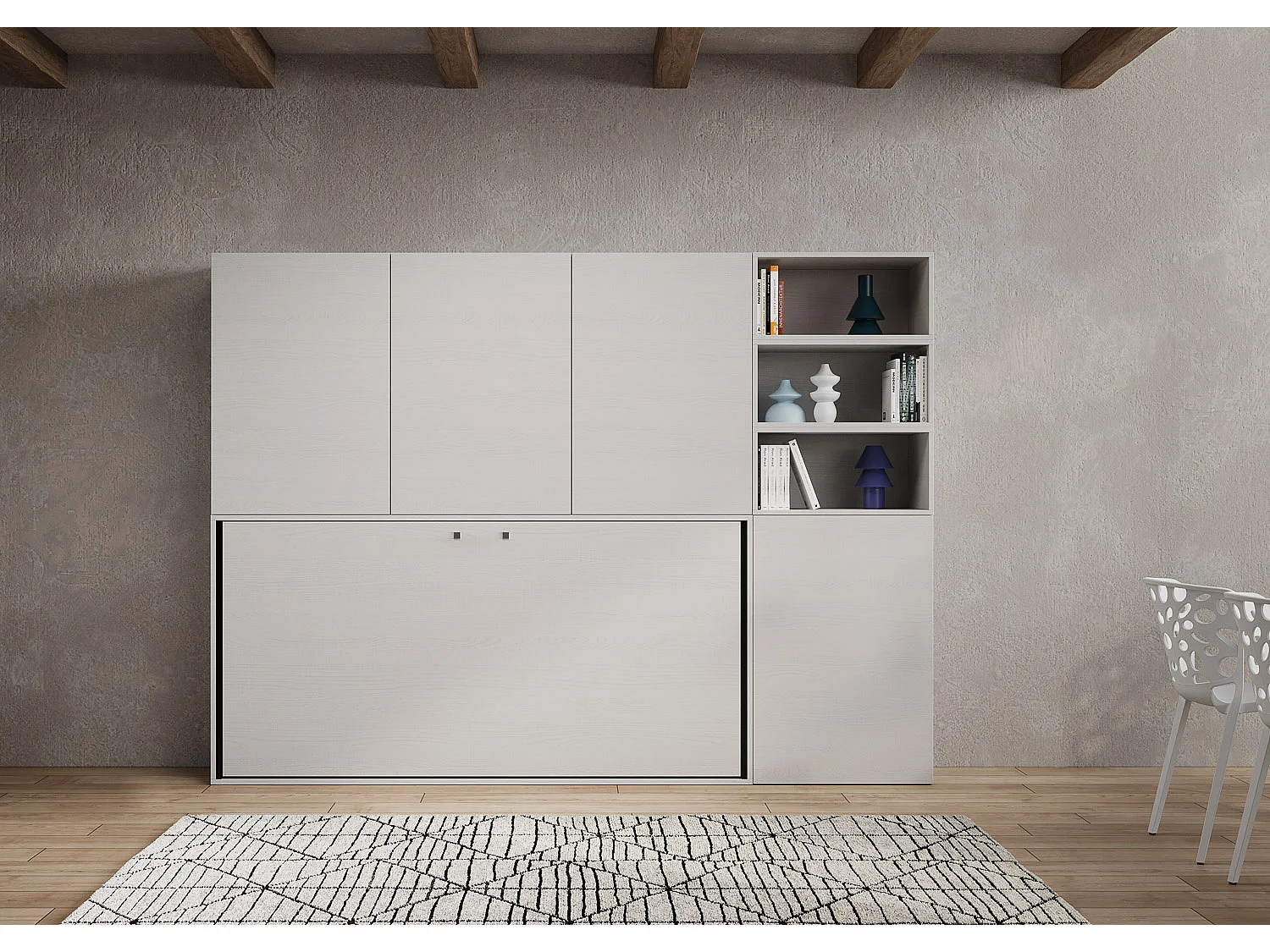 Armoire lit escamotable horizontal 1 couchage 85 Kando avec matelas comp.F Frêne Blanc