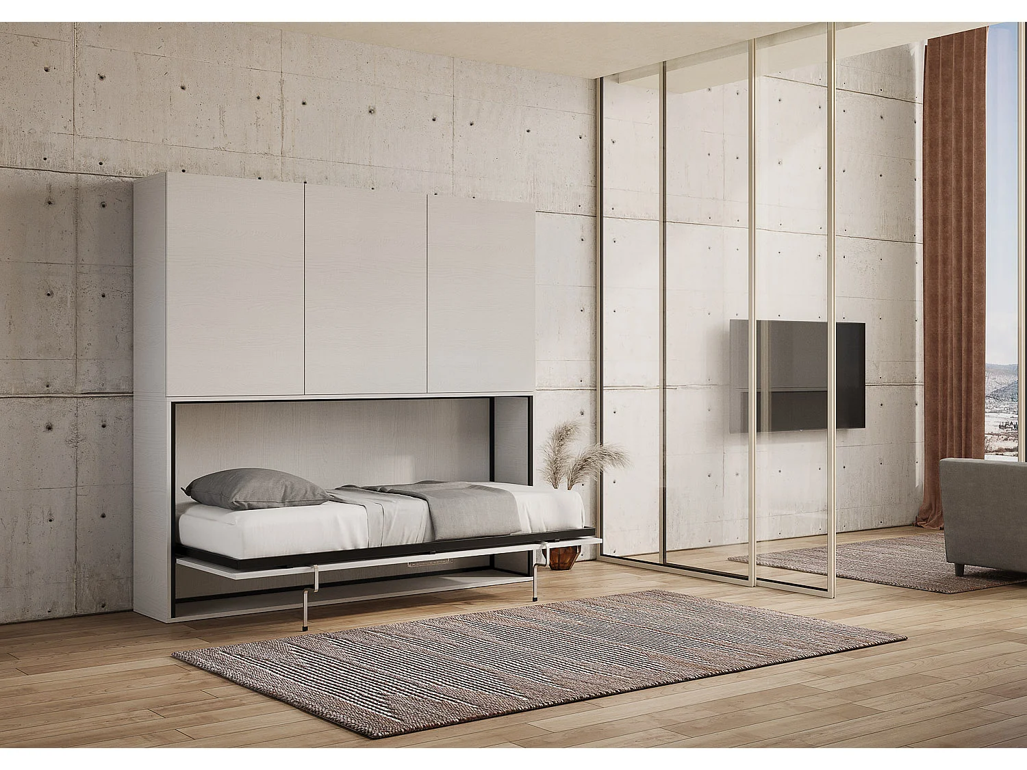Armoire lit escamotable horizontal 1 couchage 85 Kando comp.D Frêne Blanc