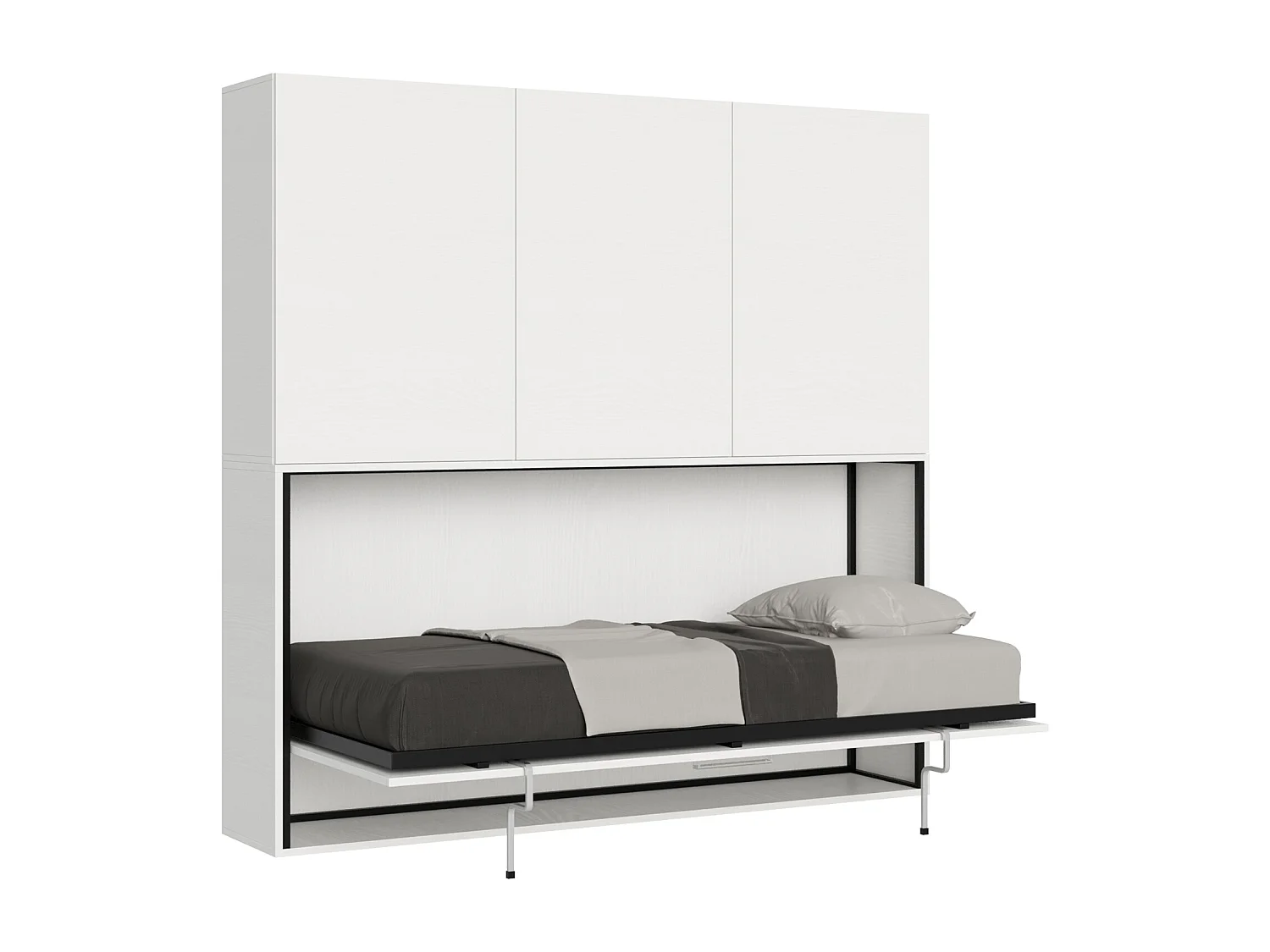 Armoire lit escamotable horizontal 1 couchage 85 Kando avec matelas composition D Frêne Blanc