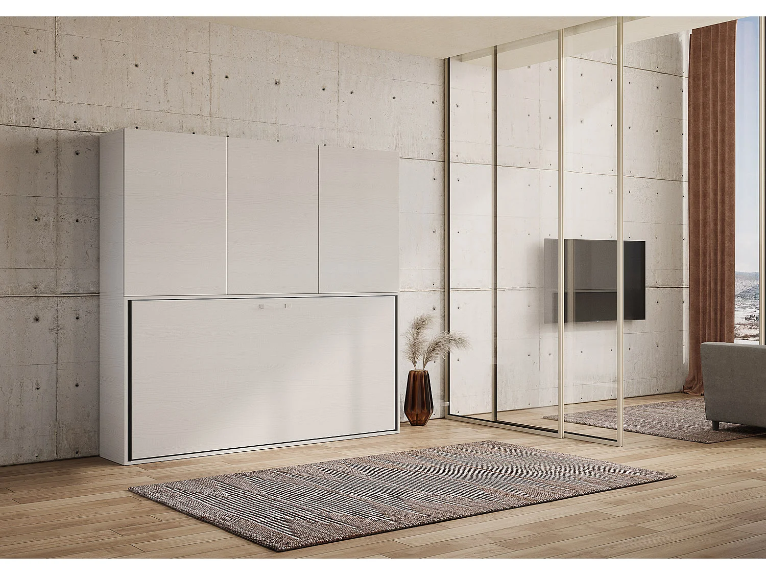 Armoire lit escamotable horizontal 1 couchage 85 Kando avec matelas composition D Frêne Blanc