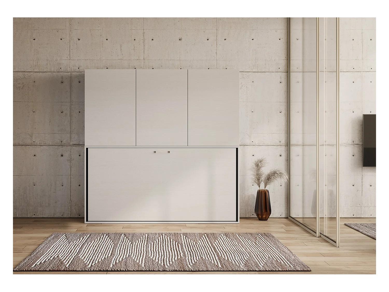 Cama abatible individual horizontal Kando con colchón composición D Fresno Blanco