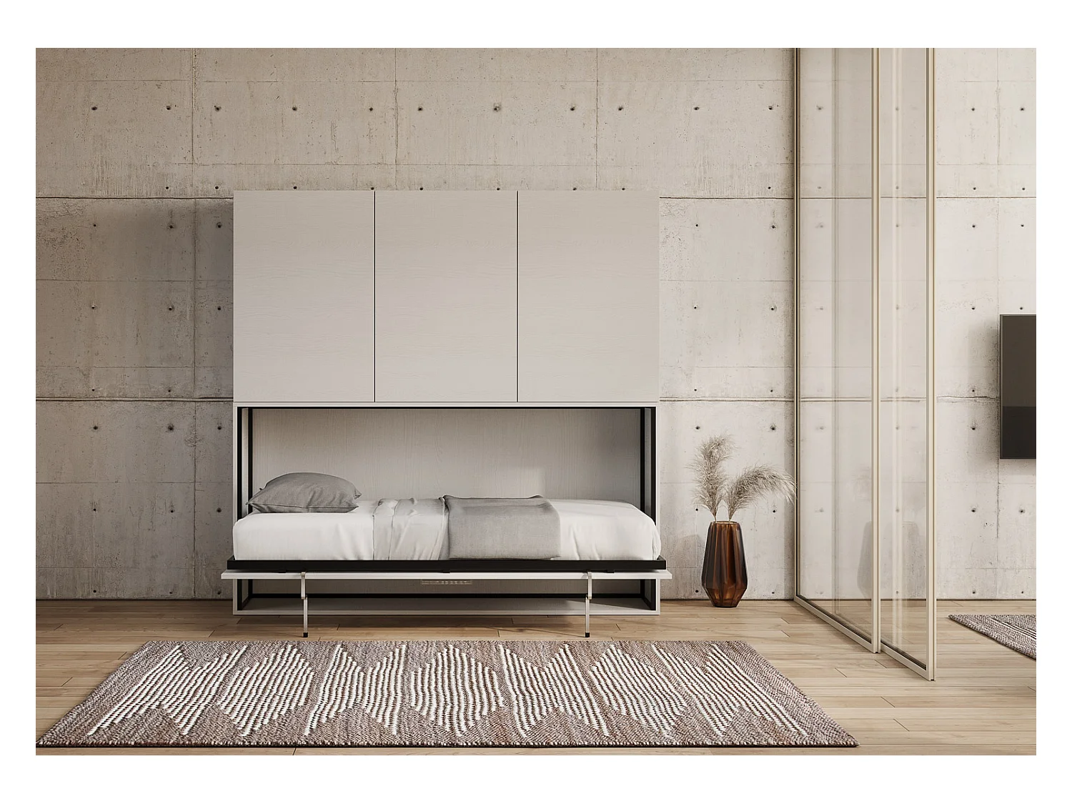 Cama abatible individual horizontal Kando con colchón composición D Fresno Blanco