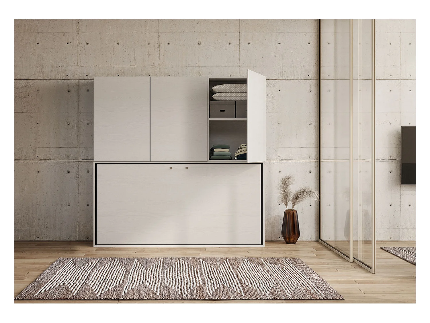 Cama abatible individual horizontal Kando con colchón composición D Fresno Blanco