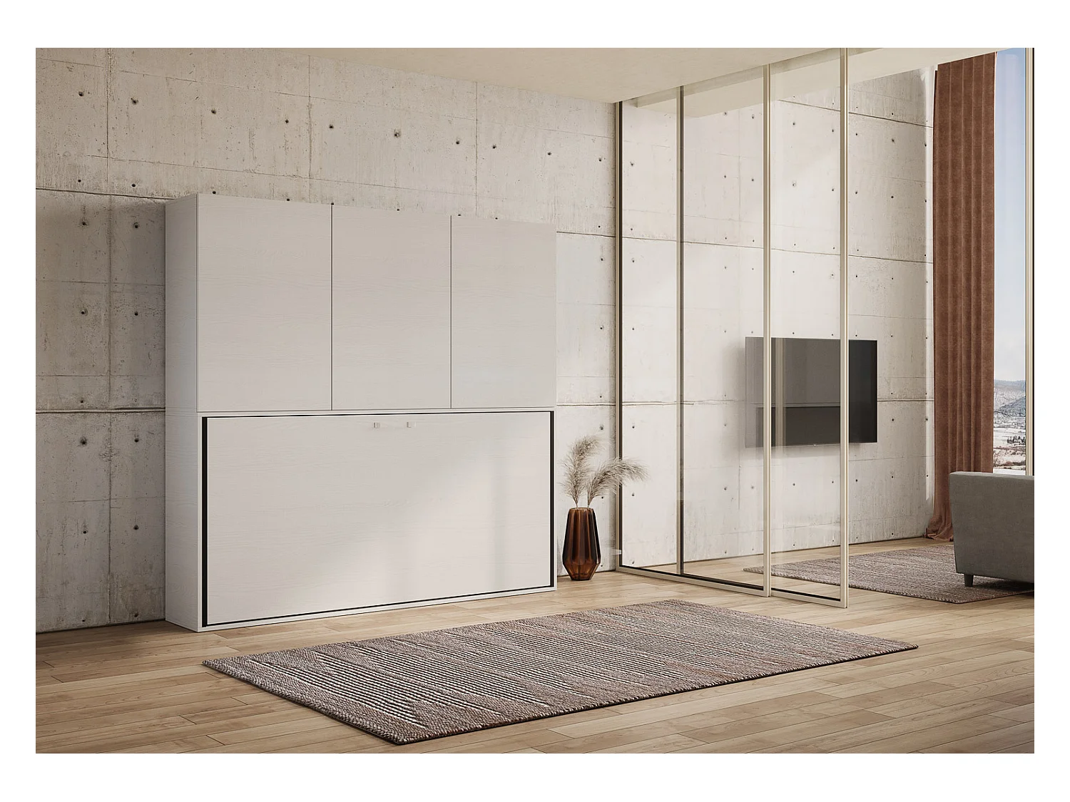 Cama abatible individual horizontal Kando con colchón composición D Fresno Blanco