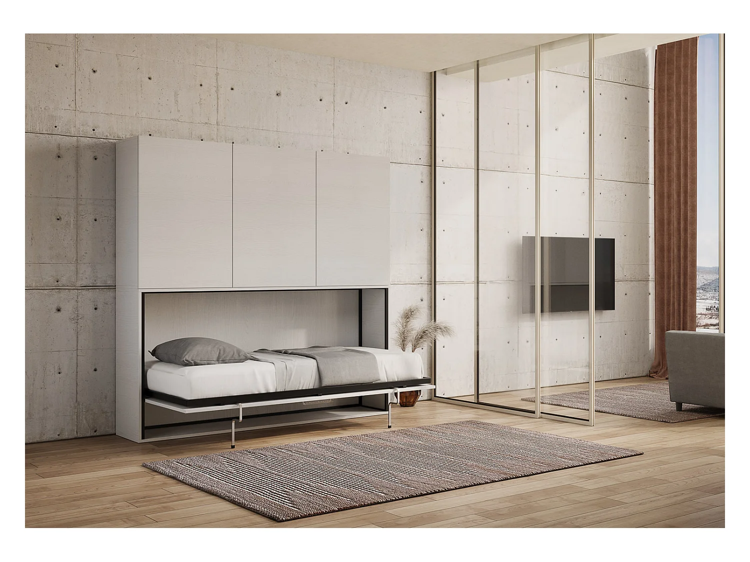 Cama abatible individual horizontal Kando con colchón composición D Fresno Blanco