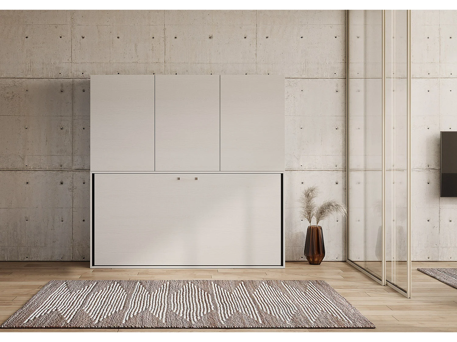 Armoire lit escamotable horizontal 1 couchage 85 Kando avec matelas comp.D Frêne Blanc