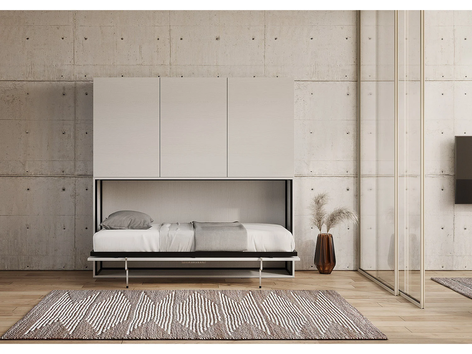 Armoire lit escamotable horizontal 1 couchage 85 Kando avec matelas comp.D Frêne Blanc