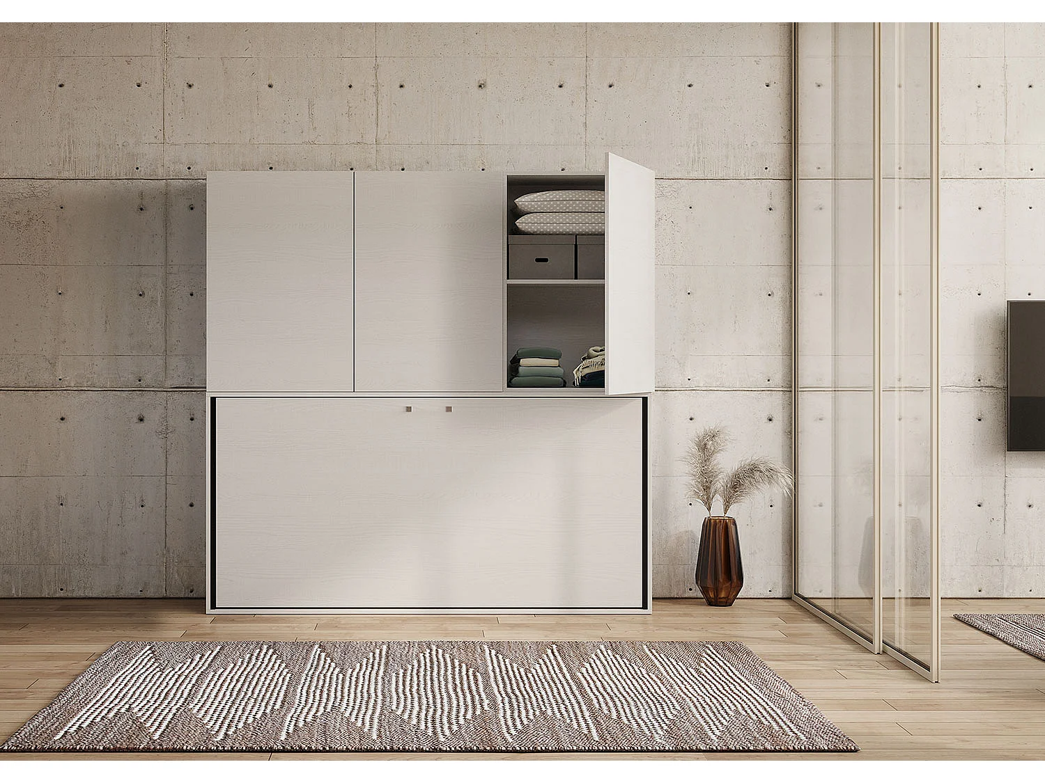 Armoire lit escamotable horizontal 1 couchage 85 Kando avec matelas comp.D Frêne Blanc