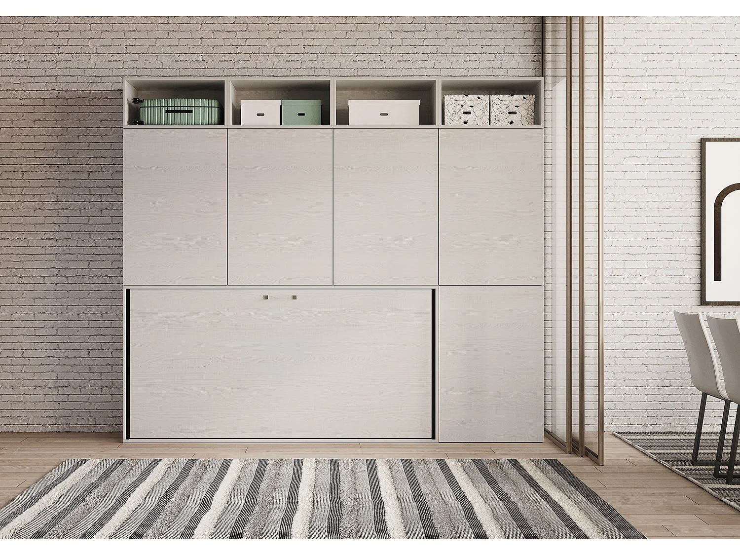 Armoire lit escamotable horizontal 1 couchage 85 Kando avec matelas composition B Frêne Blanc