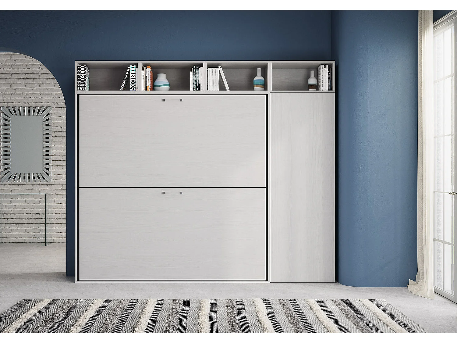 Armoire lit escamotable horizontal superposé 2 couchages 85 Kando avec matelas composition I Frêne Blanc