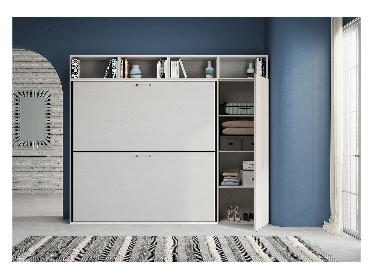 Armoire lit escamotable horizontal superposé 2 couchages 85 Kando avec matelas composition I Frêne Blanc