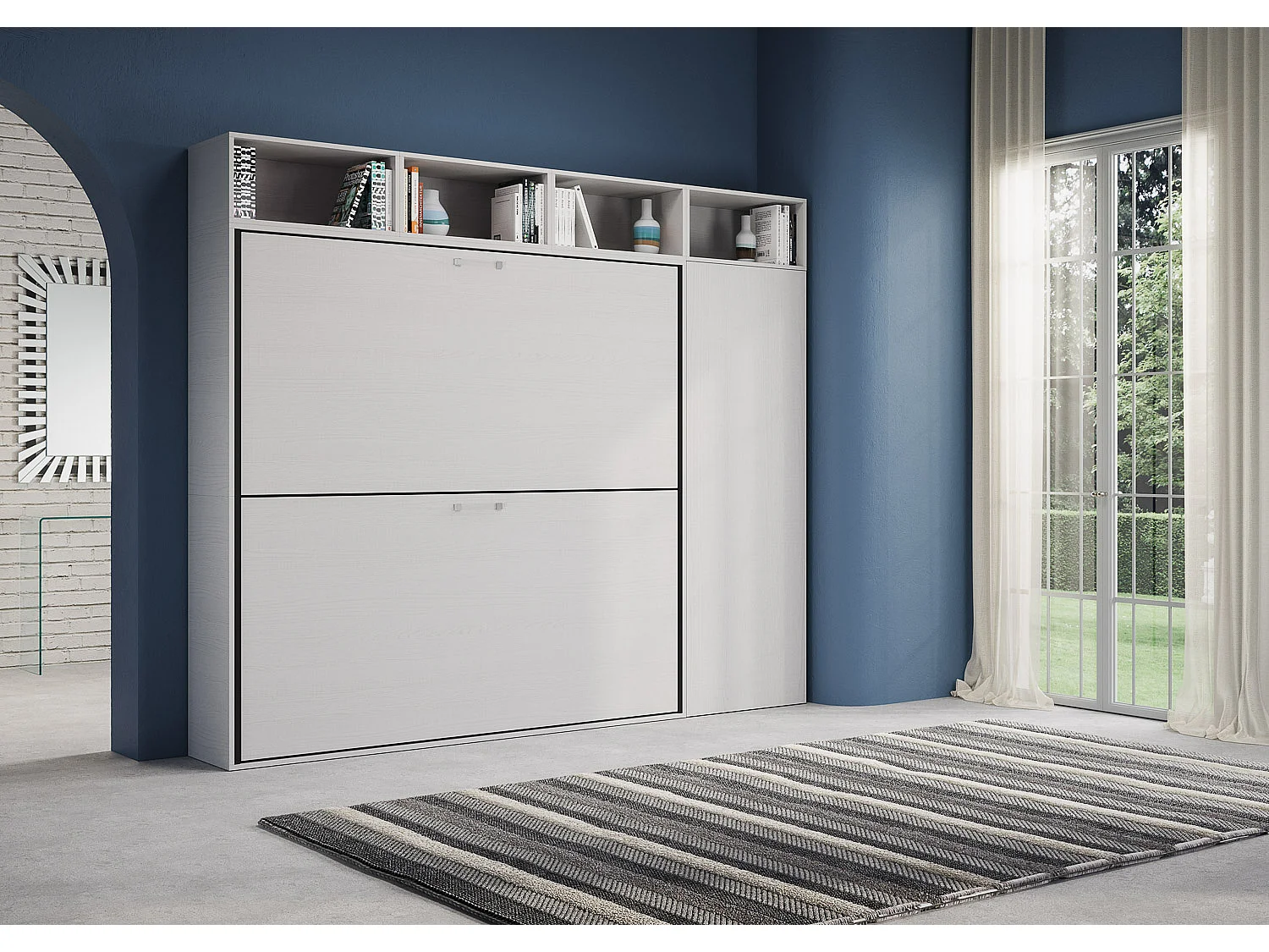 Armoire lit escamotable horizontal superposé 2 couchages 85 Kando avec matelas composition I Frêne Blanc