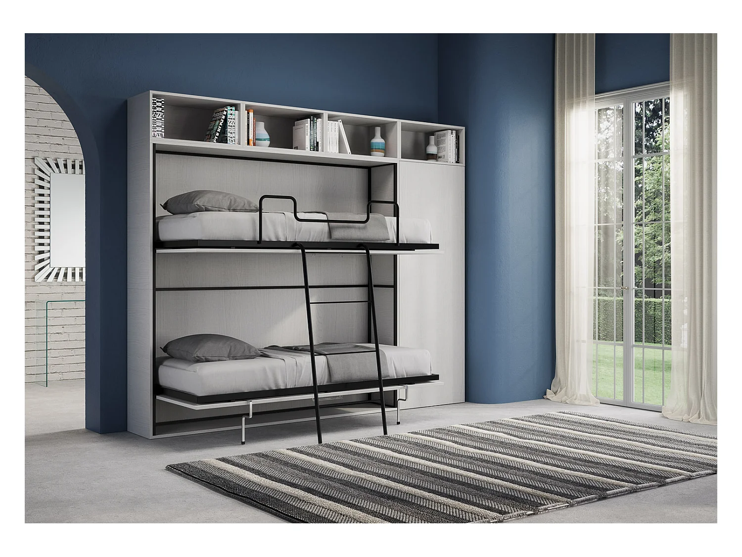 Armoire lit escamotable horizontal superposé 2 couchages 85 Kando avec matelas composition I Frêne Blanc