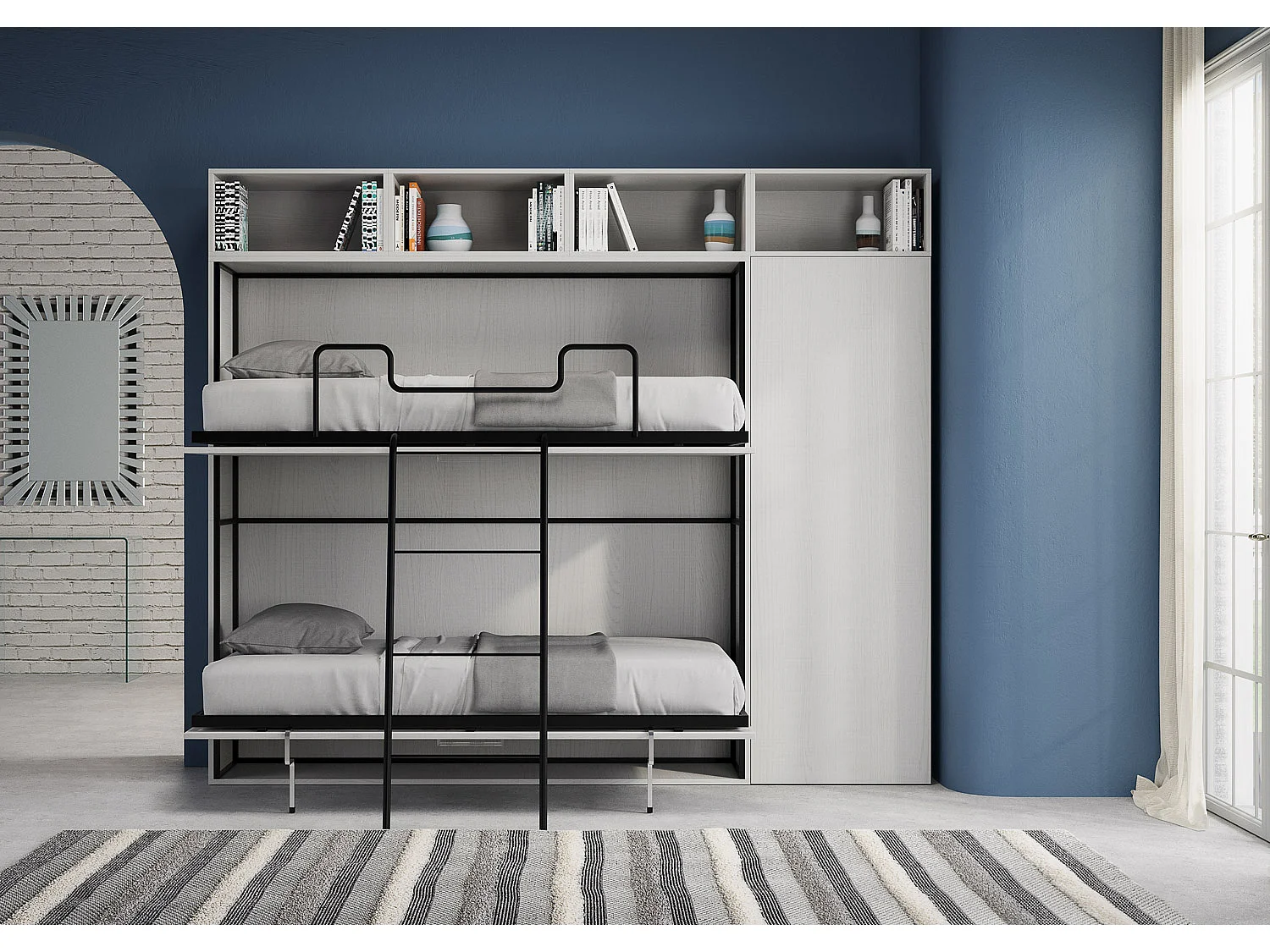 Armoire lit escamotable horizontal superposé 2 couchages 85 Kando avec matelas comp.I Frêne Blanc