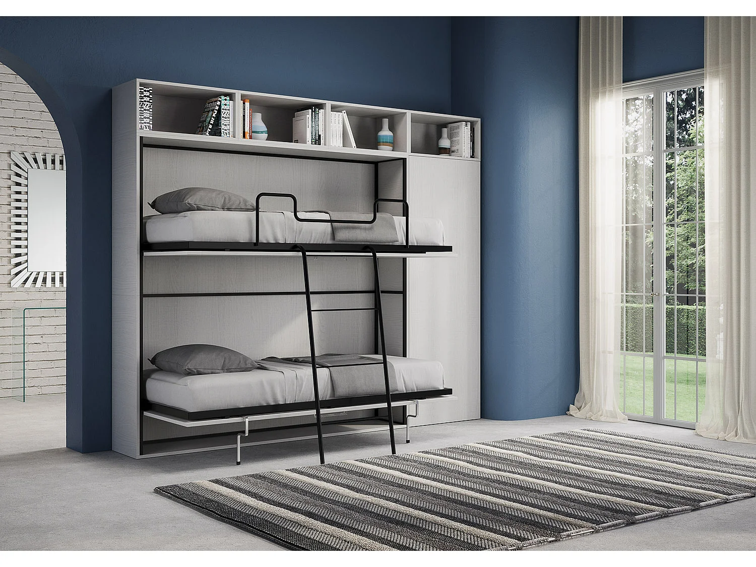 Armoire lit escamotable horizontal superposé 2 couchages 85 Kando avec matelas comp.I Frêne Blanc
