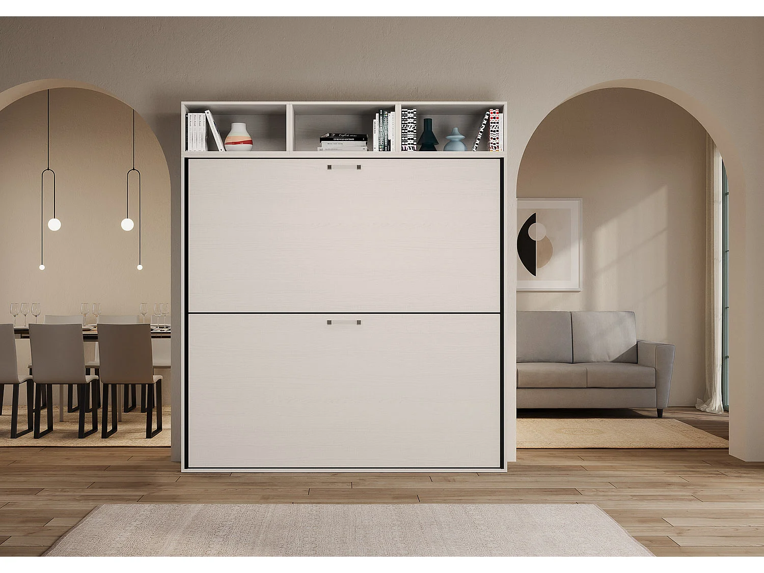 Armoire lit escamotable horizontal superposé 2 couchages 85 Kando composition L Frêne Blanc