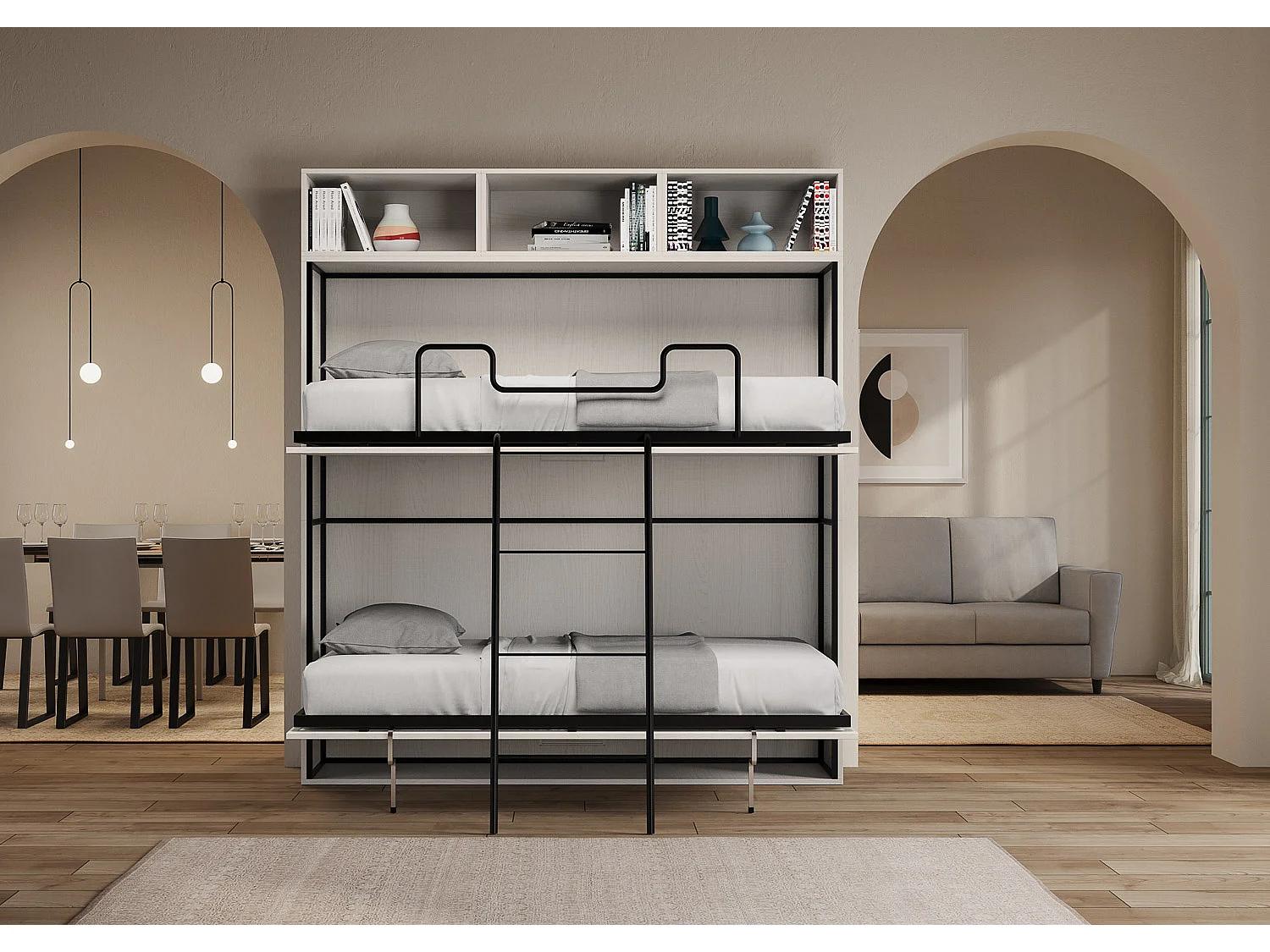 Armoire lit escamotable horizontal superposé 2 couchages 85 Kando composition L Frêne Blanc