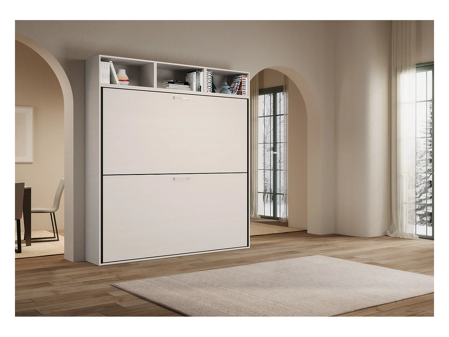 Armoire lit escamotable horizontal superposé 2 couchages 85 Kando composition L Frêne Blanc